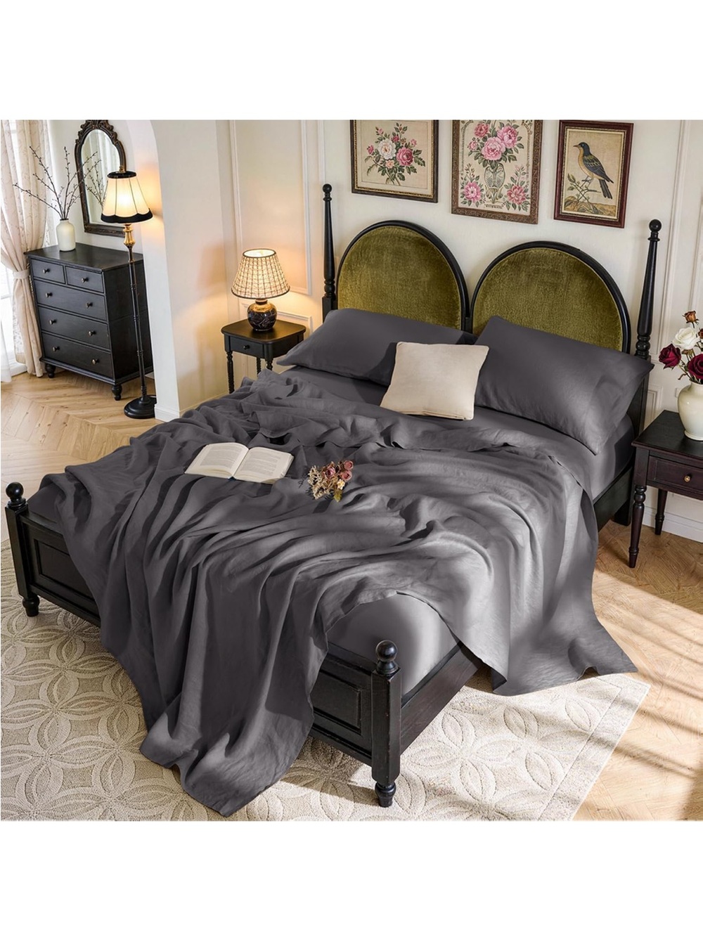 NEW SONORO KATE 100% French Pure Linen Sheets, Breathable. Durable. Dk Grey Twin